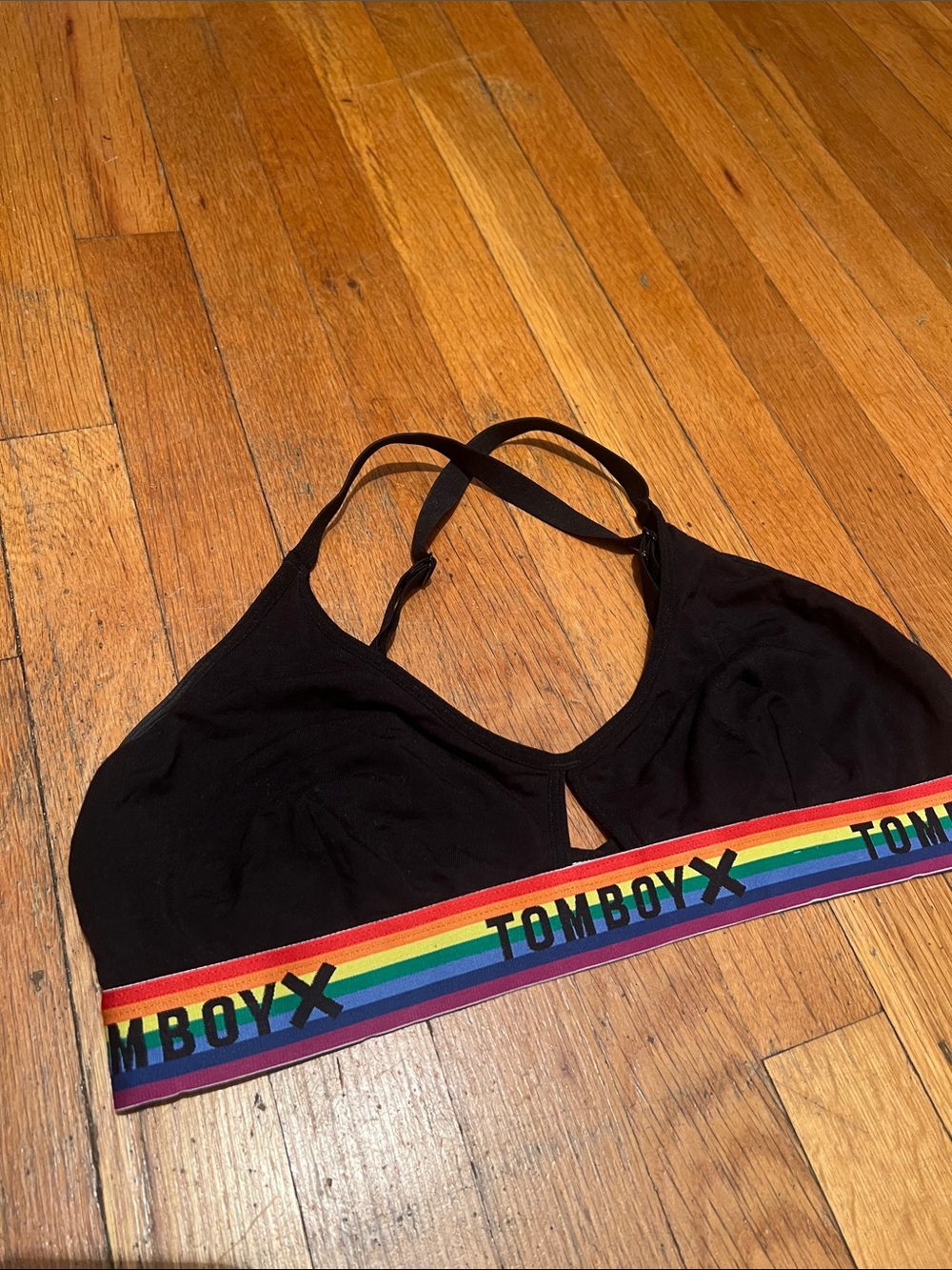 TomboyX Cross Strap Bralette in Black With Pride Strap, Size XL - Picture 3 of 10